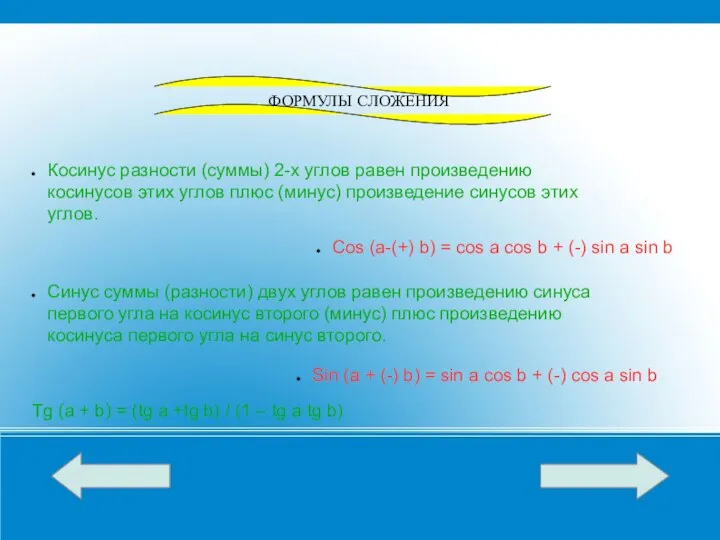 Косинус разности (суммы) 2-х углов равен произведению косинусов этих углов плюс (минус)