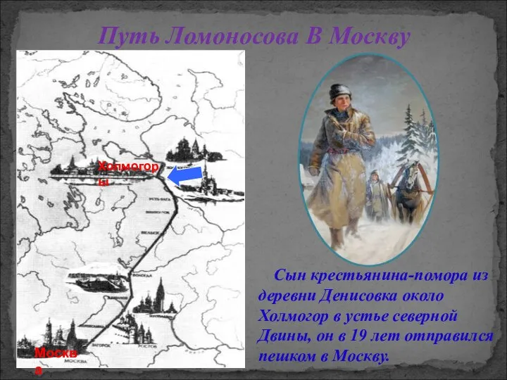 Путь Ломоносова В Москву Холмогоры Москва Сын крестьянина-помора из деревни Денисовка около