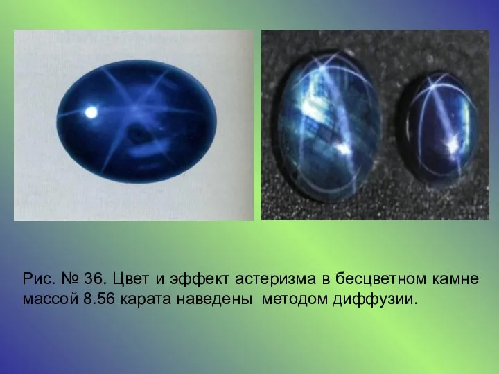Рис. № 36. Цвет и эффект астеризма в бесцветном камне массой 8.56 карата наведены методом диффузии.