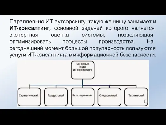 Параллельно ИТ-аутсорсингу, такую же нишу занимает и ИТ-консалтинг, основной задачей которого является