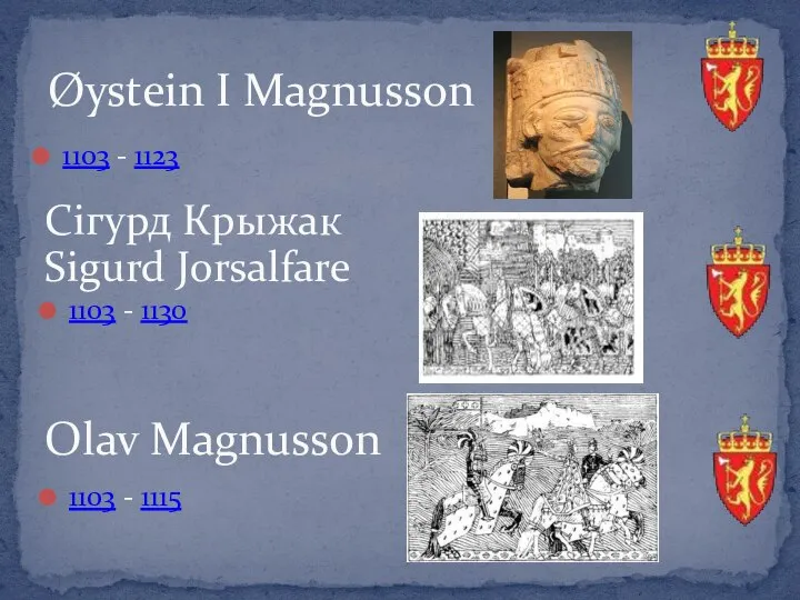 1103 - 1123 Øystein І Magnusson Сігурд Крыжак Sigurd Jorsalfare 1103 -