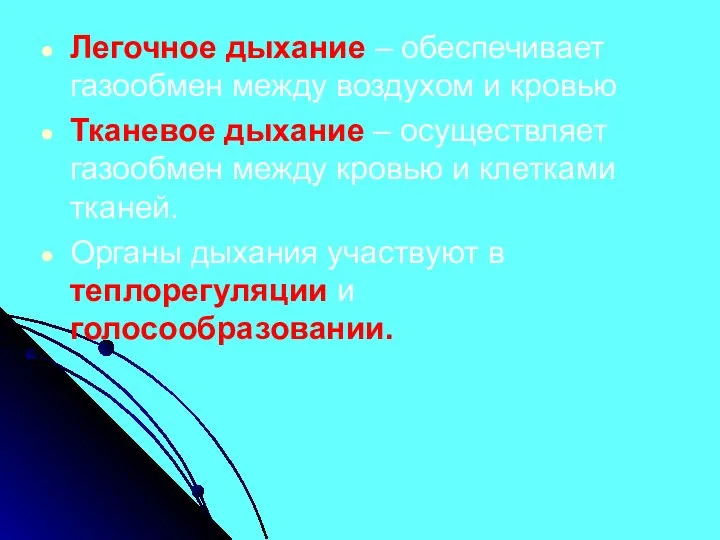 Легочное дыхание – обеспечивает газообмен между воздухом и кровью Тканевое дыхание –