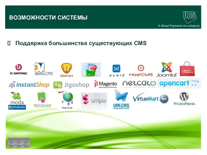 A Global Payments Inc company Поддержка большинства существующих CMS ВОЗМОЖНОСТИ СИСТЕМЫ