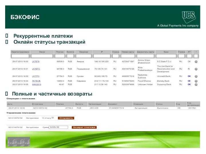 A Global Payments Inc company БЭКОФИС Рекуррентные платежи Онлайн статусы транзакций Полные и частичные возвраты