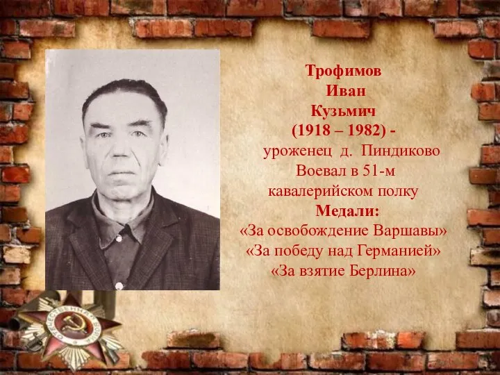 Трофимов Иван Кузьмич (1918 – 1982) - уроженец д. Пиндиково Воевал в