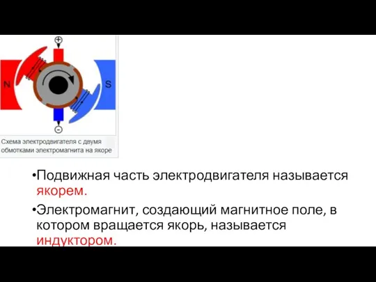 Подвижная часть электродвигателя называется якорем. Электромагнит, создающий магнитное поле, в котором вращается якорь, называется индуктором.