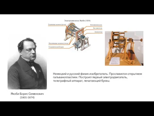 Якоби Борис Семенович (1801-1874) Немецкий и русский физик-изобретатель. Прославился открытием гальванопластики. Построил