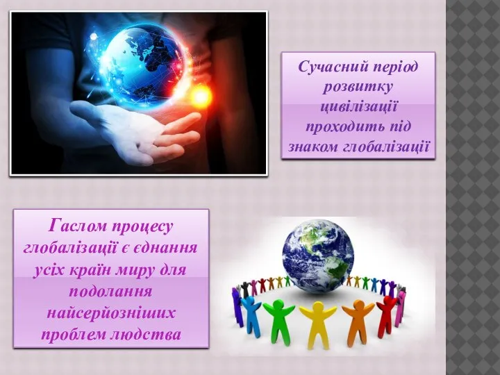 Сучасний період розвитку цивілізації проходить під знаком глобалізації Гаслом процесу глобалізації є