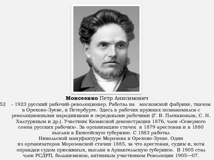 Моисеенко Петр Анисимович - 1923 русский рабочий-революционер. Работал на московской фабрике, ткачом