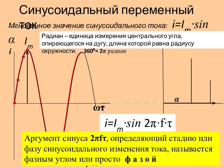 ωτ i τ Синусоидальный переменный ток Мгновенное значение синусоидального тока: i=Im∙sin α