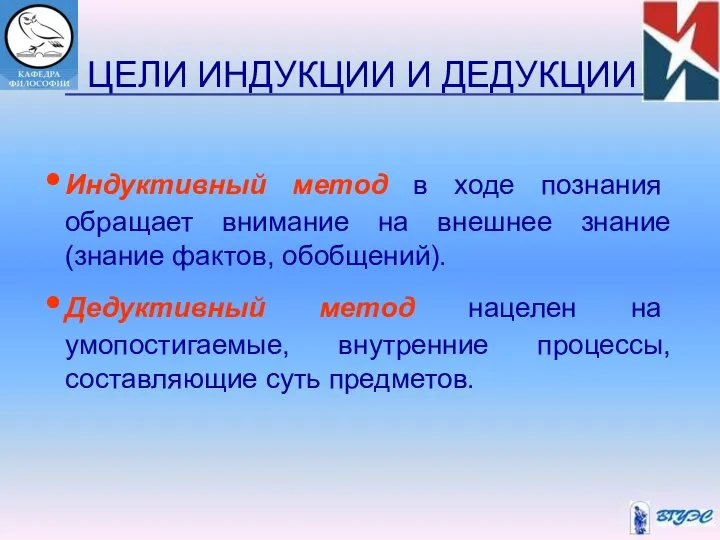 ЦЕЛИ ИНДУКЦИИ И ДЕДУКЦИИ Индуктивный метод в ходе познания обращает внимание на