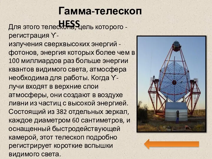Гамма-телескоп HESS Для этого телескопа, цель которого - регистрация ϒ-излучения сверхвысоких энергий