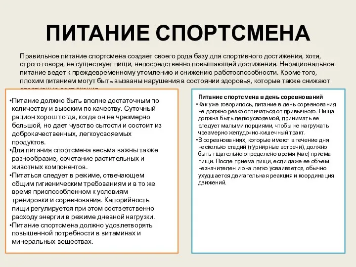 ПИТАНИЕ СПОРТСМЕНА Правильное питание спортсмена создает своего рода базу для спортивного достижения,