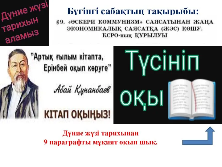 Бүгінгі сабақтың тақырыбы: Дүние жүзі тарихынан 9 параграфты мұқият оқып шық.