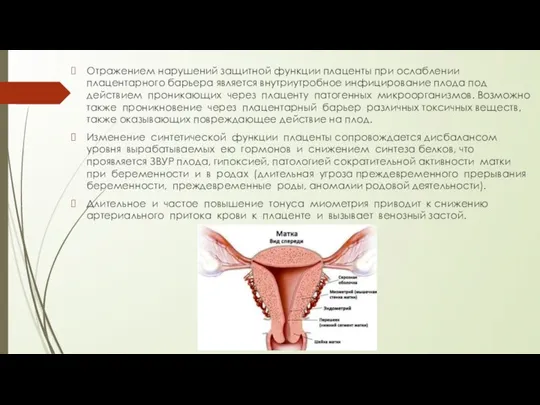 Отражением нарушений защитной функции плаценты при ослаблении плацентарного барьера является внутриутробное инфицирование