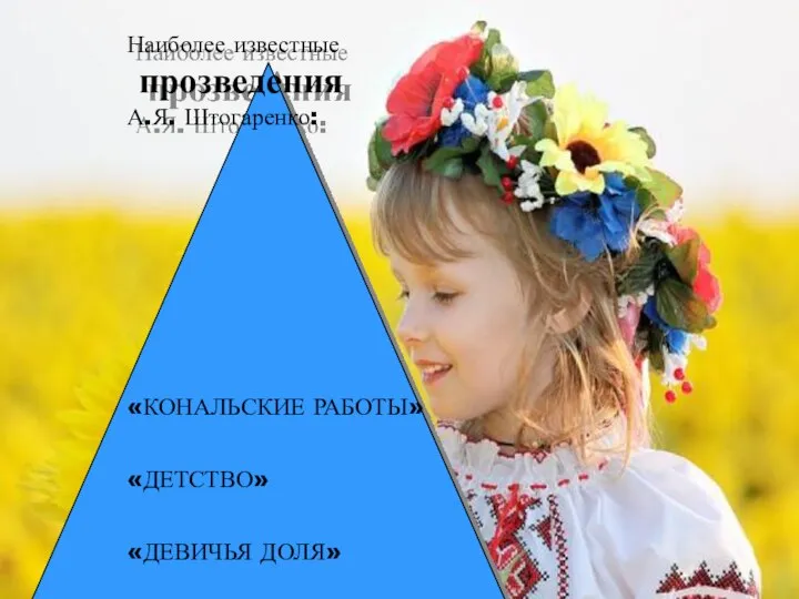 Наиболее известные прозведения А.Я. Штогаренко: «КОНАЛЬСКИЕ РАБОТЫ» «ДЕТСТВО» «ДЕВИЧЬЯ ДОЛЯ» «УКРАИНА МОЯ»