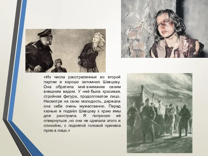 «Из числа расстрелянных во второй партии я хорошо запомнил Шевцову. Она обратила