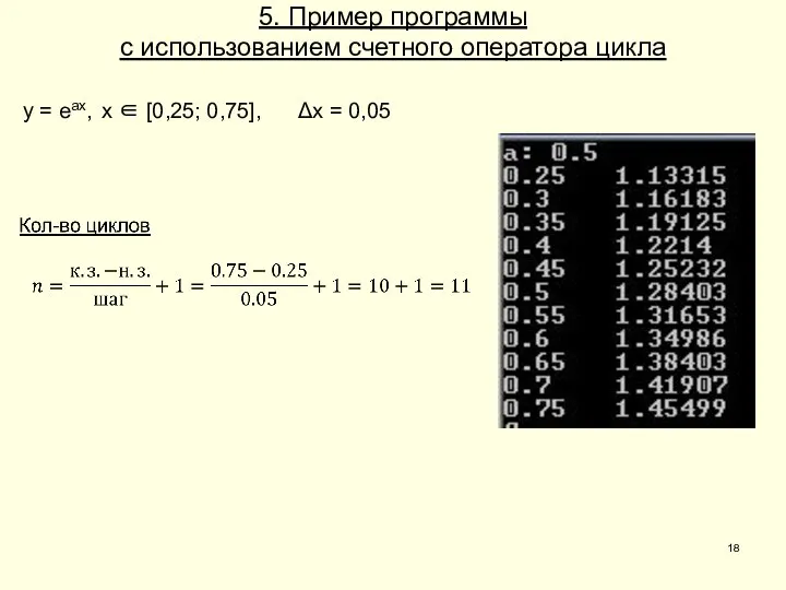 5. Пример программы с использованием счетного оператора цикла y = еах, х