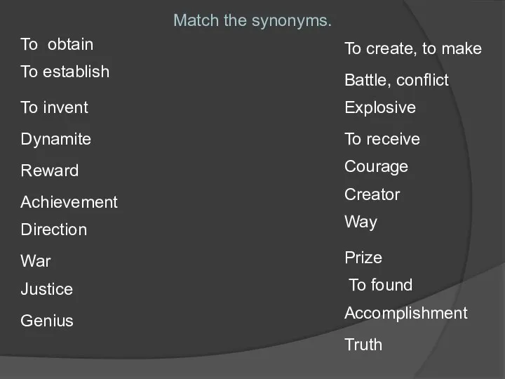 Match the synonyms. To obtain To establish To invent Dynamite Reward Achievement