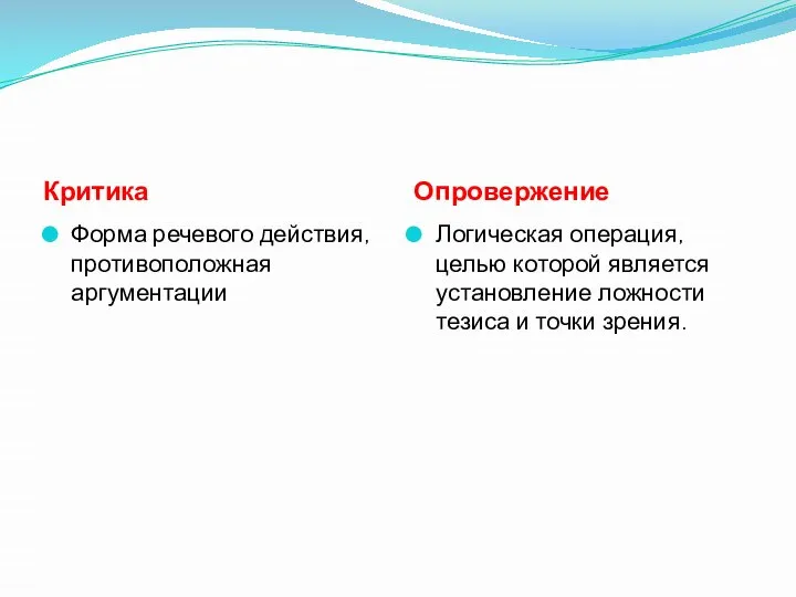 Критика Опровержение Форма речевого действия, противоположная аргументации Логическая операция, целью которой является