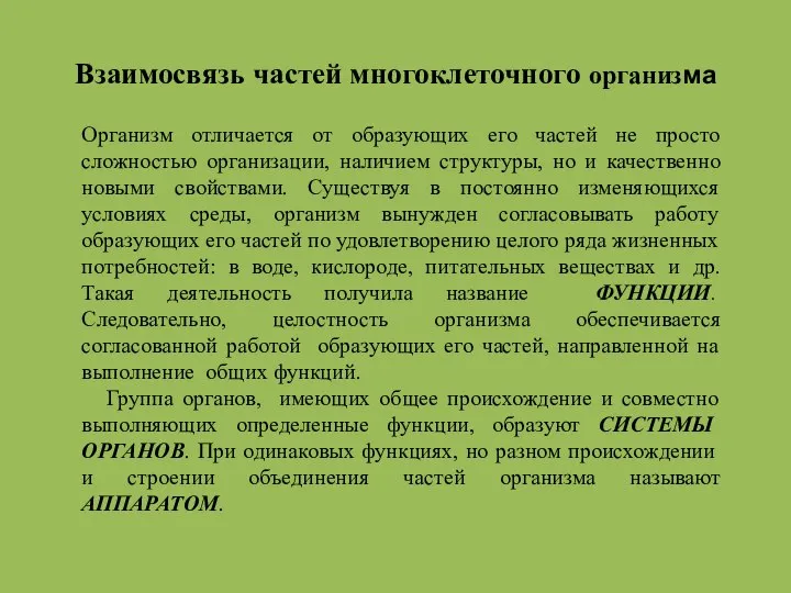 Взаимосвязь частей многоклеточного организма Организм отличается от образующих его частей не просто