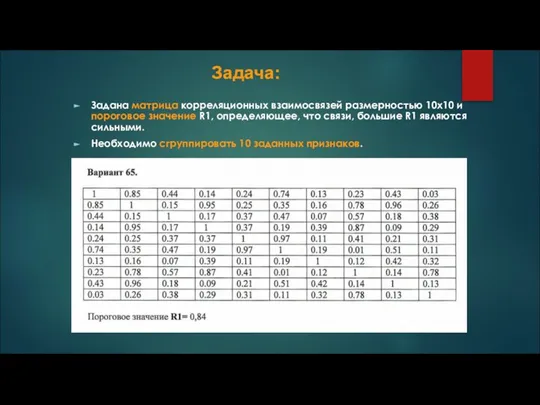 Задача: Задана матрица корреляционных взаимосвязей размерностью 10х10 и пороговое значение R1, определяющее,