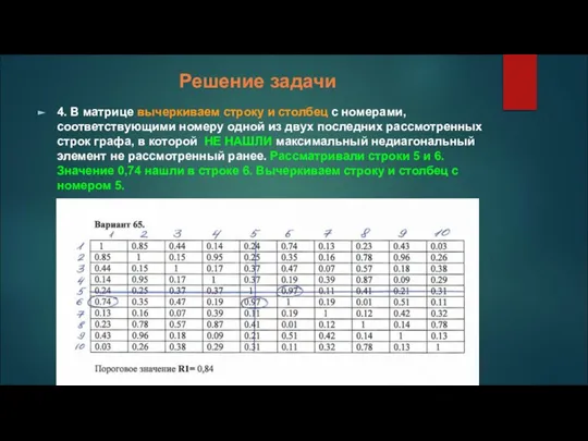 Решение задачи 4. В матрице вычеркиваем строку и столбец с номерами, соответствующими