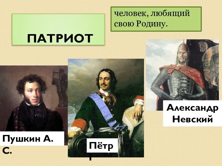 ПАТРИОТ человек, любящий свою Родину. Пётр I Александр Невский Пушкин А.С.