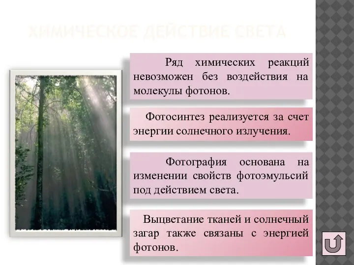 ХИМИЧЕСКОЕ ДЕЙСТВИЕ СВЕТА Ряд химических реакций невозможен без воздействия на молекулы фотонов.