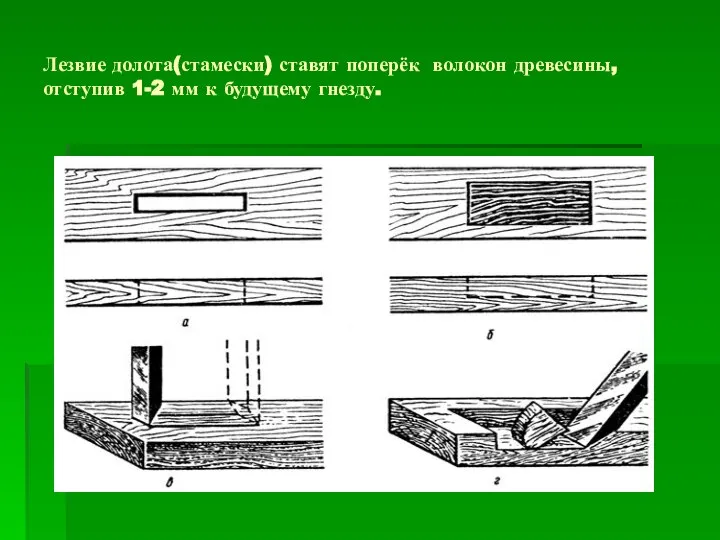 Лезвие долота(стамески) ставят поперёк волокон древесины, отступив 1-2 мм к будущему гнезду.