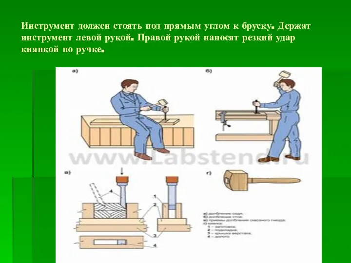 Инструмент должен стоять под прямым углом к бруску. Держат инструмент левой рукой.