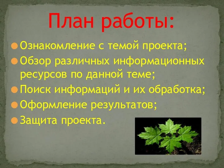 Ознакомление с темой проекта; Обзор различных информационных ресурсов по данной теме; Поиск