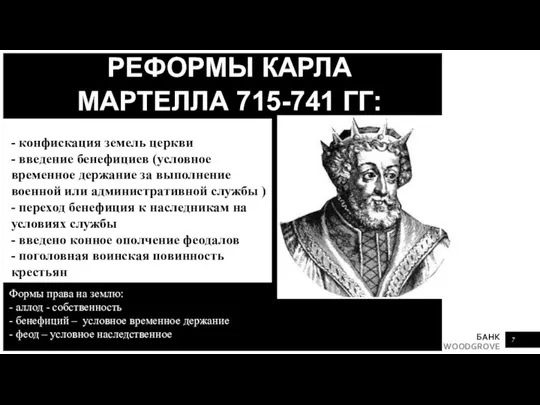 РЕФОРМЫ КАРЛА МАРТЕЛЛА 715-741 ГГ: - конфискация земель церкви - введение бенефициев