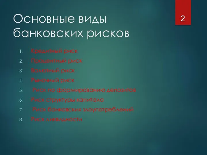 Основные виды банковских рисков Кредитный риск Процентный риск Валютный риск Рыночный риск