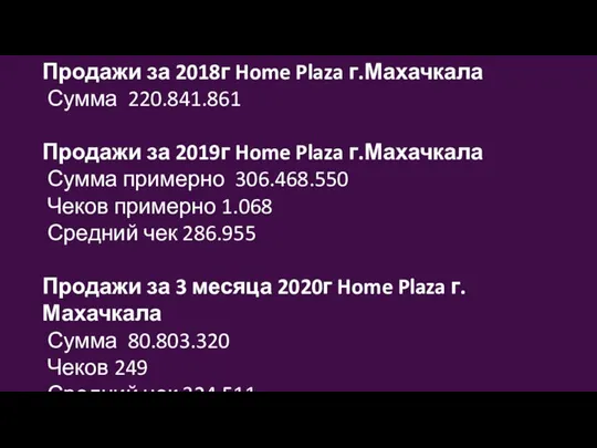 Продажи за 2018г Home Plaza г.Махачкала Сумма 220.841.861 Продажи за 2019г Home