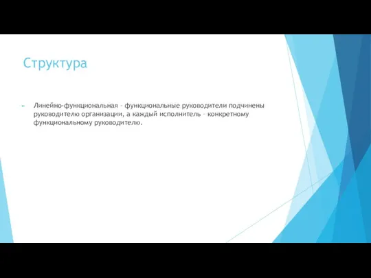 Структура Линейно-функциональная – функциональные руководители подчинены руководителю организации, а каждый исполнитель – конкретному функциональному руководителю.