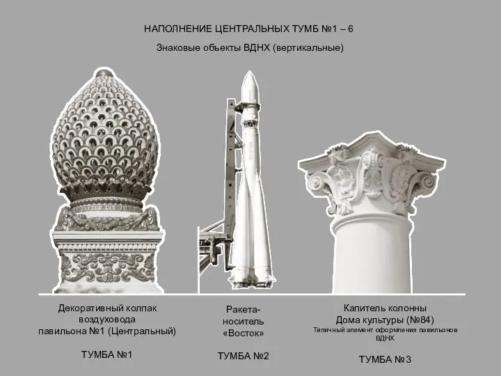Знаковые объекты ВДНХ (вертикальные) НАПОЛНЕНИЕ ЦЕНТРАЛЬНЫХ ТУМБ №1 – 6 Ракета-носитель «Восток»