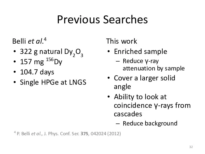 Previous Searches Belli et al.4 322 g natural Dy2O3 157 mg 156Dy