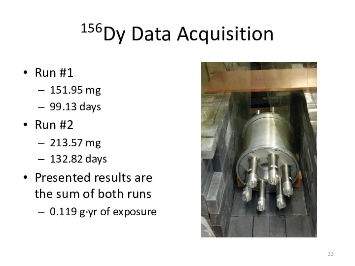 156Dy Data Acquisition Run #1 151.95 mg 99.13 days Run #2 213.57