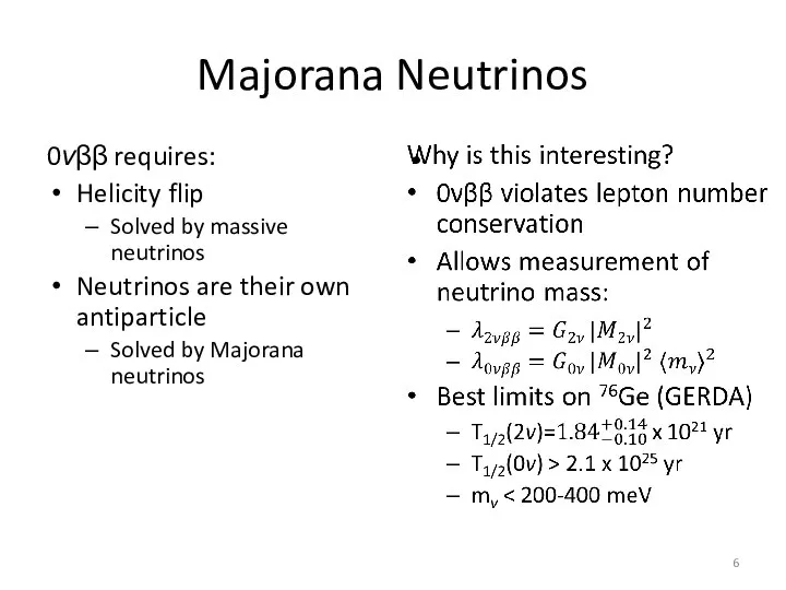 Majorana Neutrinos 0νββ requires: Helicity flip Solved by massive neutrinos Neutrinos are