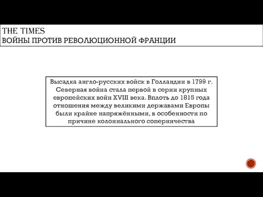 THE TIMES ВОЙНЫ ПРОТИВ РЕВОЛЮЦИОННОЙ ФРАНЦИИ Высадка англо-русских войск в Голландии в