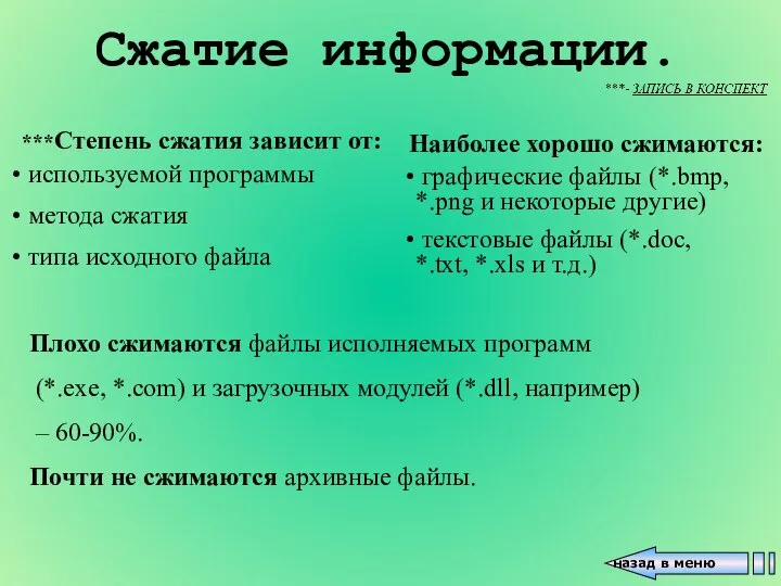 назад в меню Сжатие информации. Плохо сжимаются файлы исполняемых программ (*.exe, *.com)