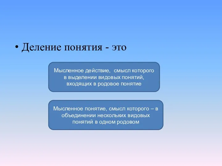 Деление понятия - это Мысленное действие, смысл которого в выделении видовых понятий,