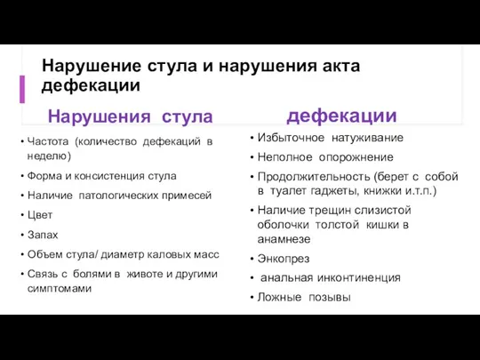 Нарушение стула и нарушения акта дефекации Нарушения стула Частота (количество дефекаций в