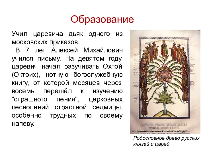 Образование Учил царевича дьяк одного из московских приказов. В 7 лет Алексей
