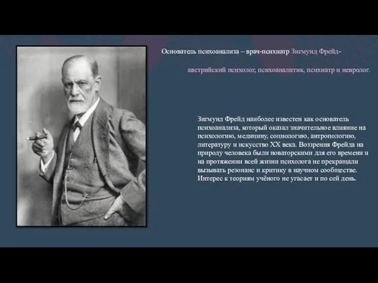 Основатель психоанализа – врач-психиатр Зигмунд Фрейд- Зигмунд Фрейд наиболее известен как основатель