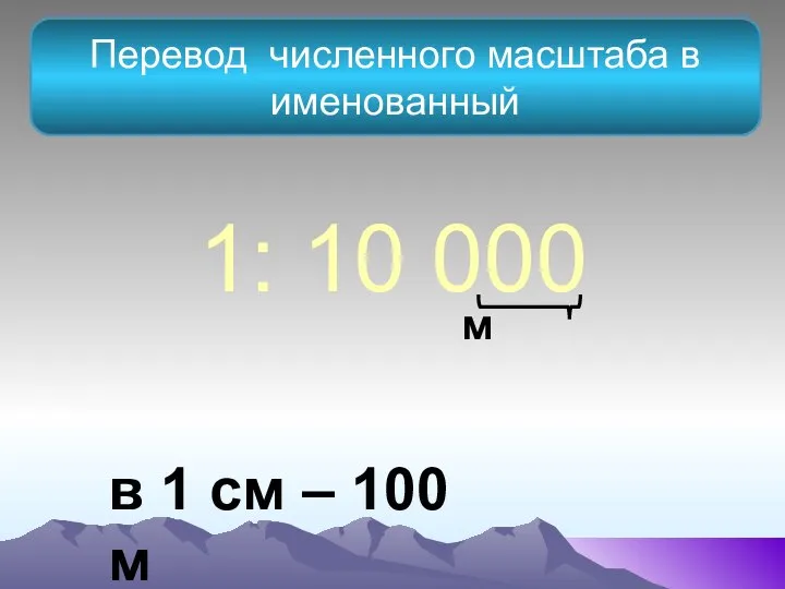1: 10 000 в 1 см – 100 м Перевод численного масштаба в именованный м