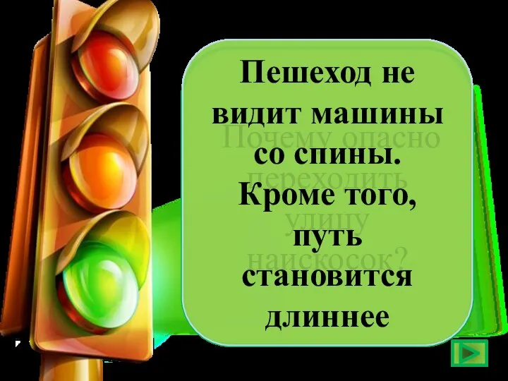 Почему опасно переходить улицу наискосок? Пешеход не видит машины со спины. Кроме того, путь становится длиннее