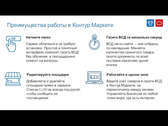 Преимущества работы в Контур.Маркете Начните легко Гасите ВСД за несколько секунд Сервис