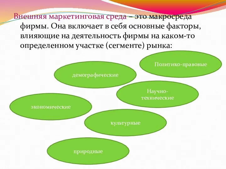 Внешняя маркетинговая среда – это макросреда фирмы. Она включает в себя основные